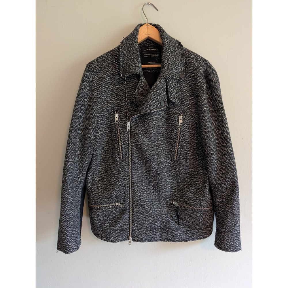 All Saints Seton Biker Jacket Grey Herringbone Wool Blend Moto Coat Raw Edge Med